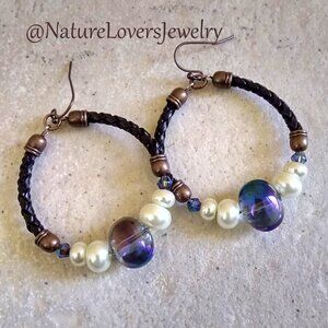 Totally KickA$$ Hoops! SEXY!!! Boho Hoop Earrings w. Leather, Crystals & Pearls